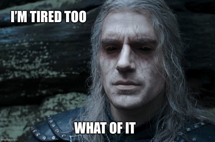 The Witcher quotes | I’M TIRED TOO; WHAT OF IT | image tagged in the witcher | made w/ Imgflip meme maker