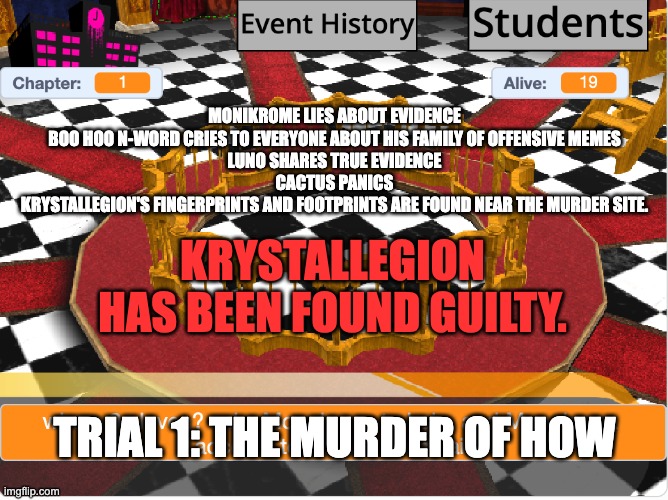MONIKROME LIES ABOUT EVIDENCE
BOO HOO N-WORD CRIES TO EVERYONE ABOUT HIS FAMILY OF OFFENSIVE MEMES
LUNO SHARES TRUE EVIDENCE
CACTUS PANICS
KRYSTALLEGION'S FINGERPRINTS AND FOOTPRINTS ARE FOUND NEAR THE MURDER SITE. KRYSTALLEGION HAS BEEN FOUND GUILTY. TRIAL 1: THE MURDER OF HOW | made w/ Imgflip meme maker