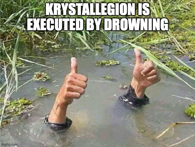 Drowning Thumbs Up | KRYSTALLEGION IS EXECUTED BY DROWNING | image tagged in drowning thumbs up | made w/ Imgflip meme maker