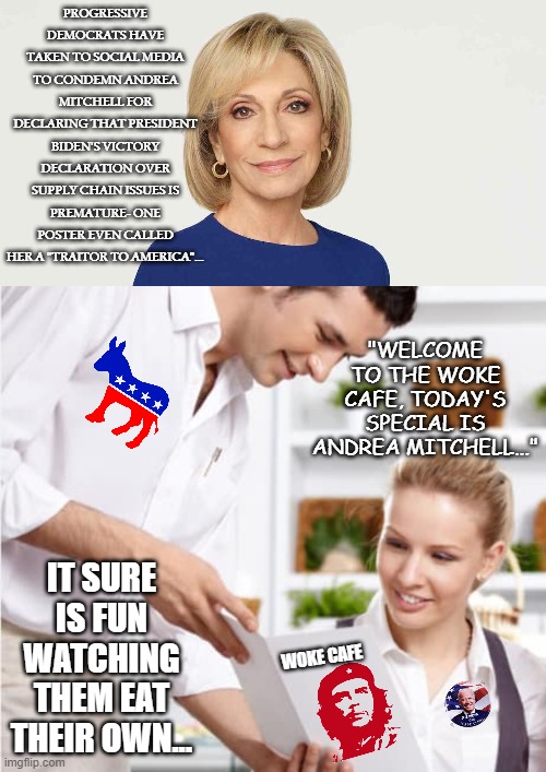 I Think I've Lost My Apetite | "WELCOME TO THE WOKE CAFE, TODAY'S SPECIAL IS ANDREA MITCHELL..."; IT SURE IS FUN WATCHING THEM EAT THEIR OWN... | image tagged in andrea mitchell,msnbc,democrats,biden,supply chain | made w/ Imgflip meme maker