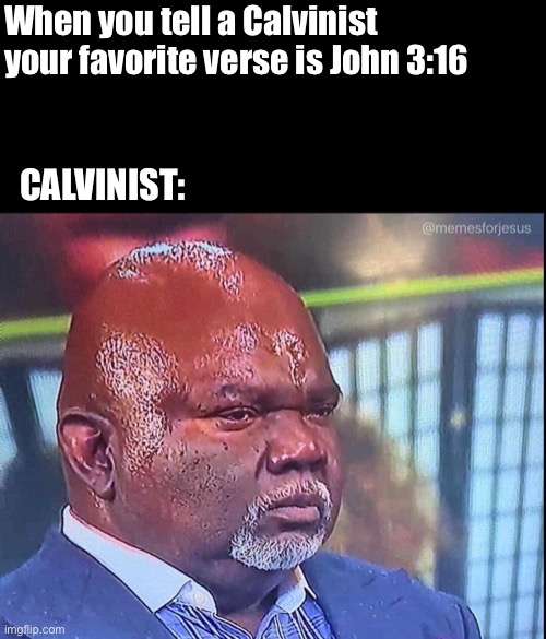 John 3:16 Calvinist |  When you tell a Calvinist your favorite verse is John 3:16; CALVINIST: | image tagged in calvinist memes,calvinism,church,jesus christ,religion | made w/ Imgflip meme maker