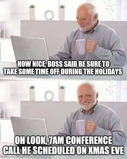 Nice gesture anyway | HOW NICE, BOSS SAID BE SURE TO TAKE SOME TIME OFF DURING THE HOLIDAYS; OH LOOK, 7AM CONFERENCE CALL HE SCHEDULED ON XMAS EVE | image tagged in memes,hide the pain harold | made w/ Imgflip meme maker