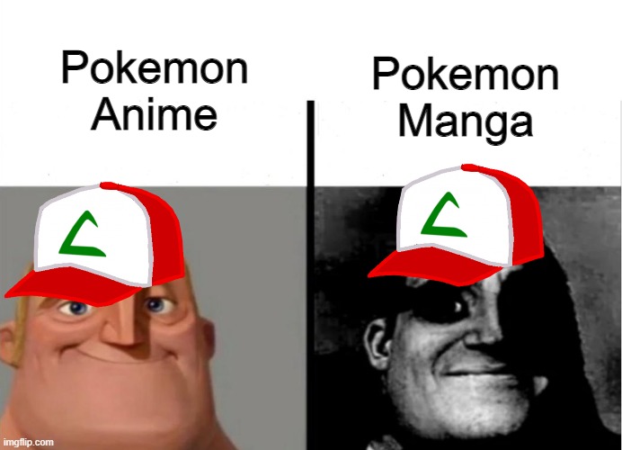 The Manga is darker | Pokemon Anime; Pokemon Manga | image tagged in teacher's copy,pokemon,anime | made w/ Imgflip meme maker