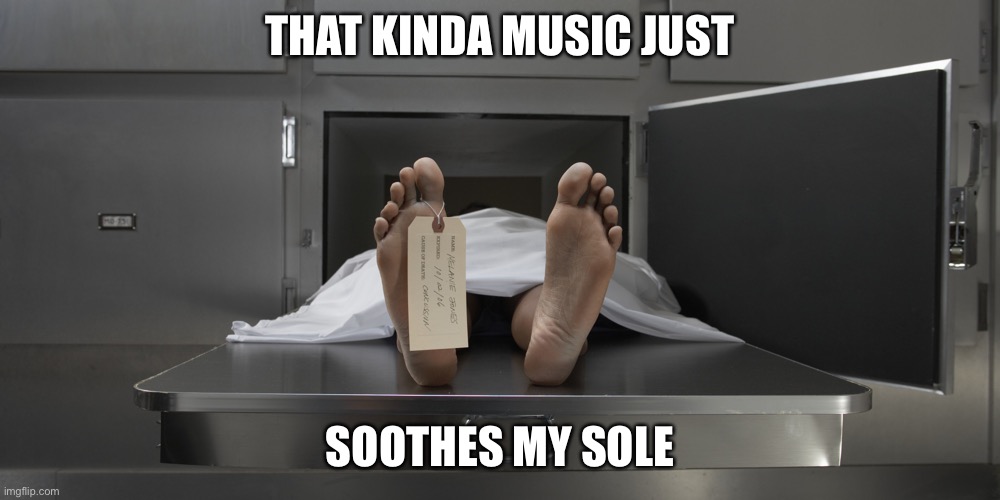 Old Time Rock n Roll | THAT KINDA MUSIC JUST; SOOTHES MY SOLE | image tagged in morgue feet,rock and roll,sole,soul | made w/ Imgflip meme maker