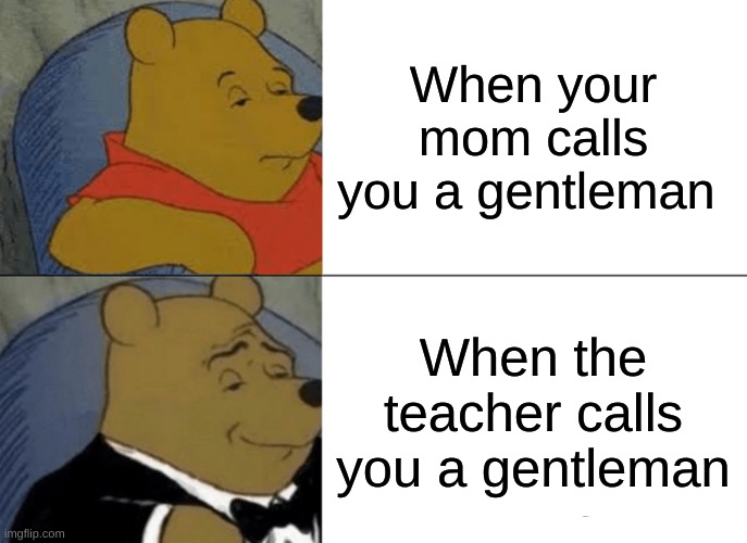 Tuxedo Winnie The Pooh Meme | When your mom calls you a gentleman; When the teacher calls you a gentleman | image tagged in memes,tuxedo winnie the pooh | made w/ Imgflip meme maker