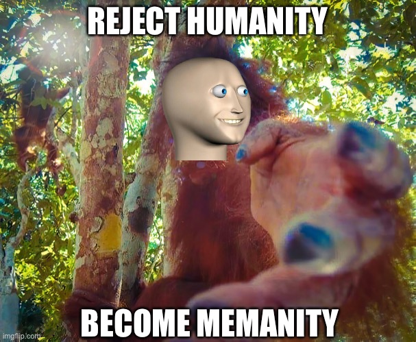 Reject humanity become meme man | REJECT HUMANITY; BECOME MEMANITY | image tagged in reject humanity return to monke,memanity,meme man,become meme,reject humanity embrace meme man | made w/ Imgflip meme maker