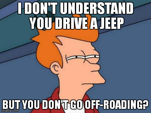 Futurama Fry Meme | I DON'T UNDERSTAND YOU DRIVE A JEEP BUT YOU DON'T GO OFF-ROADING? | image tagged in memes,futurama fry | made w/ Imgflip meme maker