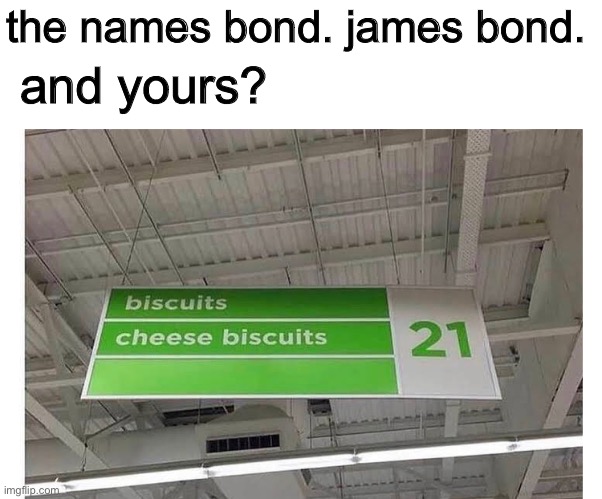 my sixth meme here | the names bond. james bond. and yours? | image tagged in funny,memes,funny memes,blank white template,barney will eat all of your delectable biscuits,james bond | made w/ Imgflip meme maker