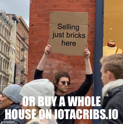 Selling 
just bricks
here; OR BUY A WHOLE HOUSE ON IOTACRIBS.IO | image tagged in memes,guy holding cardboard sign | made w/ Imgflip meme maker