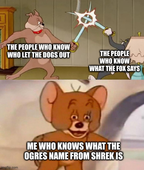 it do be like that tho | THE PEOPLE WHO KNOW WHO LET THE DOGS OUT; THE PEOPLE WHO KNOW WHAT THE FOX SAYS; ME WHO KNOWS WHAT THE OGRES NAME FROM SHREK IS | image tagged in tom and jerry swordfight | made w/ Imgflip meme maker