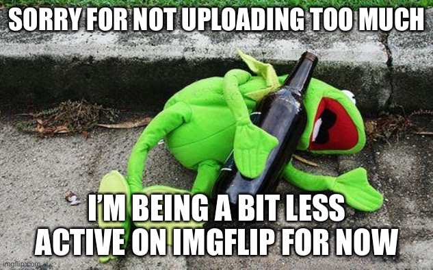 Drunk Kermit | SORRY FOR NOT UPLOADING TOO MUCH; I’M BEING A BIT LESS ACTIVE ON IMGFLIP FOR NOW | image tagged in drunk kermit | made w/ Imgflip meme maker