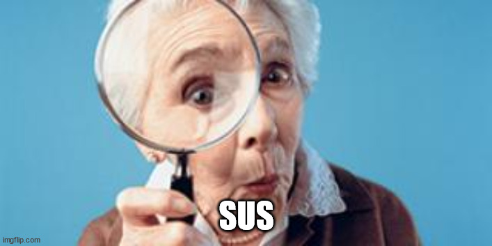 Old lady magnifying glass | SUS | image tagged in old lady magnifying glass | made w/ Imgflip meme maker