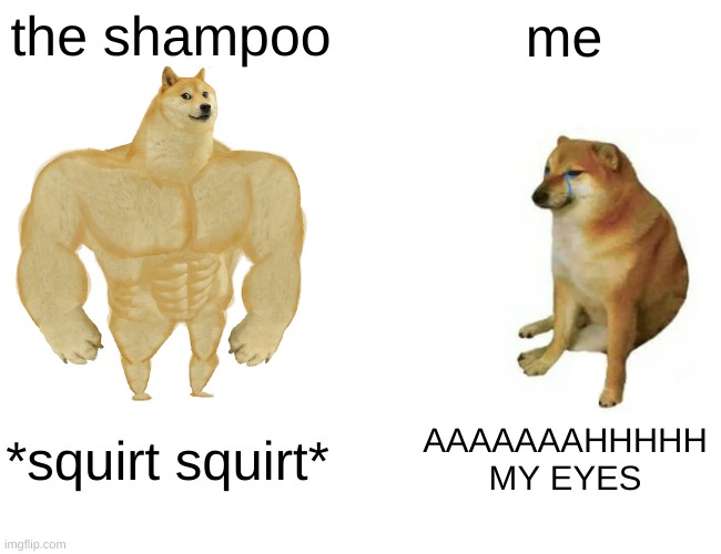 Buff Doge vs. Cheems Meme | the shampoo me *squirt squirt* AAAAAAAHHHHH MY EYES | image tagged in memes,buff doge vs cheems | made w/ Imgflip meme maker