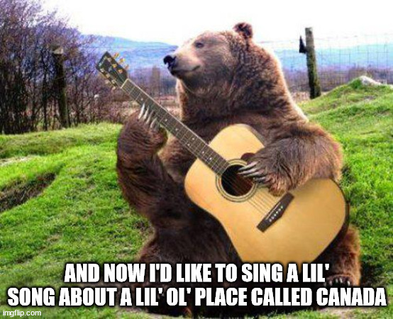 bear with guitar  | AND NOW I'D LIKE TO SING A LIL' SONG ABOUT A LIL' OL' PLACE CALLED CANADA | image tagged in bear with guitar | made w/ Imgflip meme maker