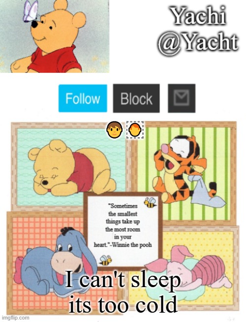 Yachi's Winnie temp | 🧑‍🦰; I can't sleep its too cold | image tagged in yachi's winnie temp | made w/ Imgflip meme maker