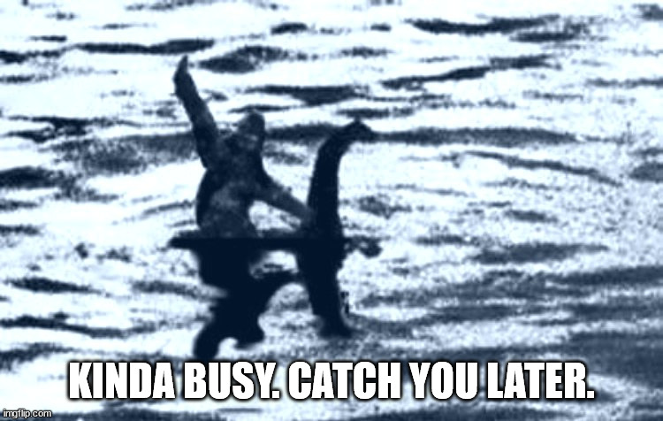 loch Ness and Bigfoot | KINDA BUSY. CATCH YOU LATER. | image tagged in loch ness and bigfoot | made w/ Imgflip meme maker