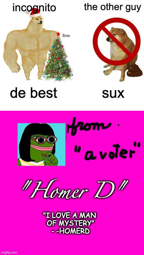 I Vote for Chads and Free Stickers that say "I Voted" | incognito; the other guy; de best; sux; "Homer D"; "I LOVE A MAN 
OF MYSTERY"
- -HOMERD | image tagged in memes,buff doge vs cheems,blank hot pink background | made w/ Imgflip meme maker