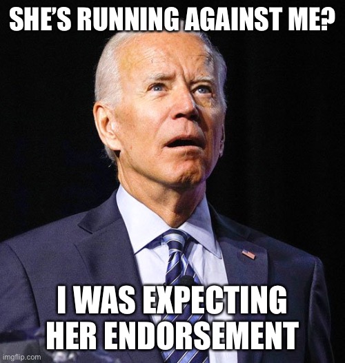 Joe Biden | SHE’S RUNNING AGAINST ME? I WAS EXPECTING HER ENDORSEMENT | image tagged in joe biden | made w/ Imgflip meme maker