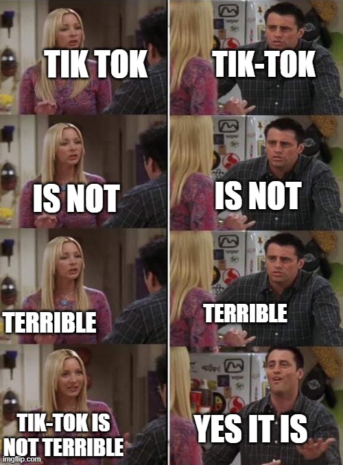 Phoebe teaching Joey in Friends | TIK-TOK; TIK TOK; IS NOT; IS NOT; TERRIBLE; TERRIBLE; YES IT IS; TIK-TOK IS NOT TERRIBLE | image tagged in phoebe teaching joey in friends | made w/ Imgflip meme maker