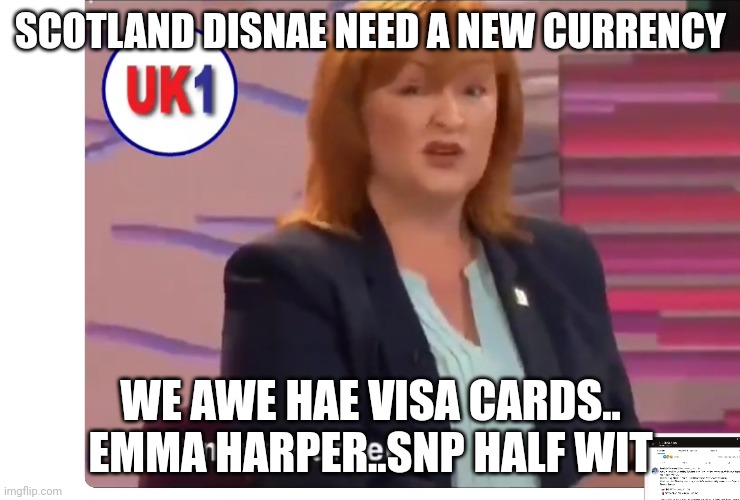 Deluded | SCOTLAND DISNAE NEED A NEW CURRENCY; WE AWE HAE VISA CARDS.. EMMA HARPER..SNP HALF WIT | image tagged in political meme | made w/ Imgflip meme maker