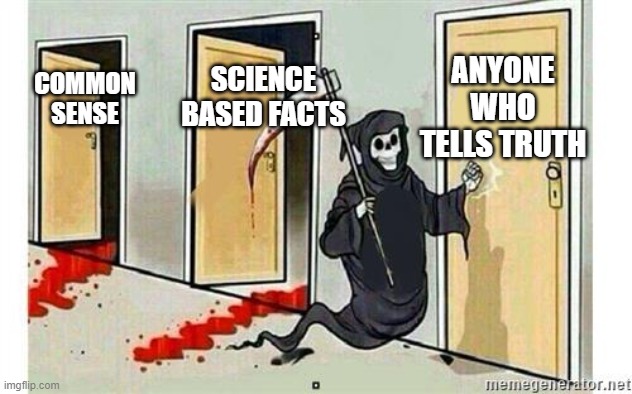 Grim Reaper Knocking Door | ANYONE WHO TELLS TRUTH; SCIENCE BASED FACTS; COMMON SENSE | image tagged in grim reaper knocking door | made w/ Imgflip meme maker