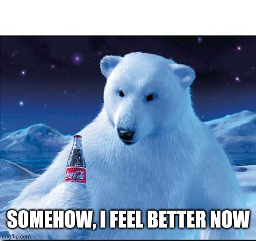 Coke bear | SOMEHOW, I FEEL BETTER NOW | image tagged in coke bear | made w/ Imgflip meme maker