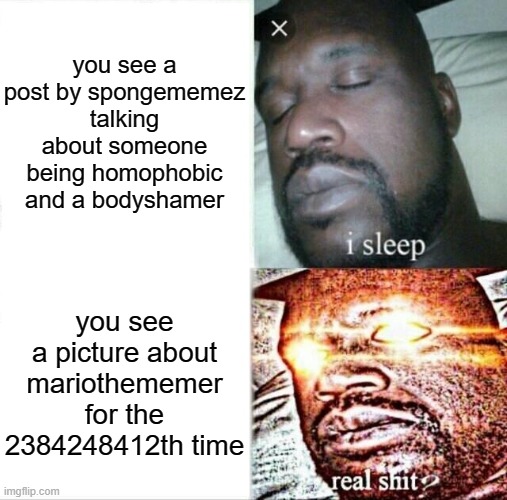 Sleeping Shaq | you see a post by spongememez talking about someone being homophobic and a bodyshamer; you see a picture about mariothememer for the 2384248412th time | image tagged in memes,sleeping shaq | made w/ Imgflip meme maker