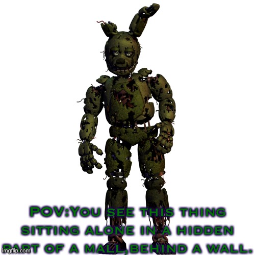 SpringTrap | POV:You see this thing sitting alone in a hidden part of a mall,behind a wall. | image tagged in springtrap | made w/ Imgflip meme maker