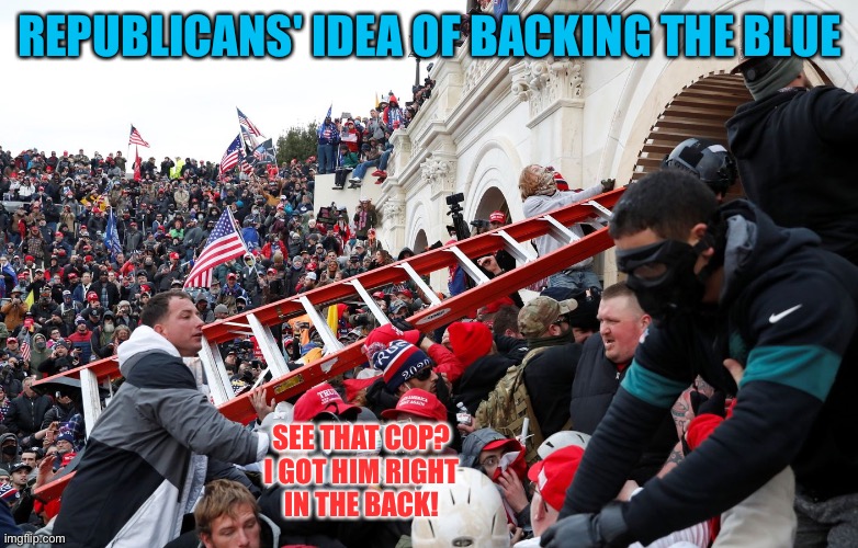 Qanon - Insurrection - Trump riot - sedition | REPUBLICANS' IDEA OF BACKING THE BLUE SEE THAT COP?
I GOT HIM RIGHT
IN THE BACK! | image tagged in qanon - insurrection - trump riot - sedition | made w/ Imgflip meme maker