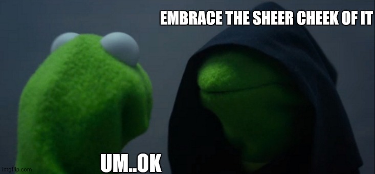 Evil Kermit Meme | EMBRACE THE SHEER CHEEK OF IT UM..OK | image tagged in memes,evil kermit | made w/ Imgflip meme maker