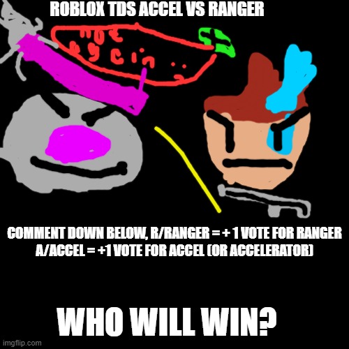 roblox tds accel and ranger fighting | ROBLOX TDS ACCEL VS RANGER; COMMENT DOWN BELOW, R/RANGER = + 1 VOTE FOR RANGER
A/ACCEL = +1 VOTE FOR ACCEL (OR ACCELERATOR); WHO WILL WIN? | image tagged in memes,bring roblox here | made w/ Imgflip meme maker