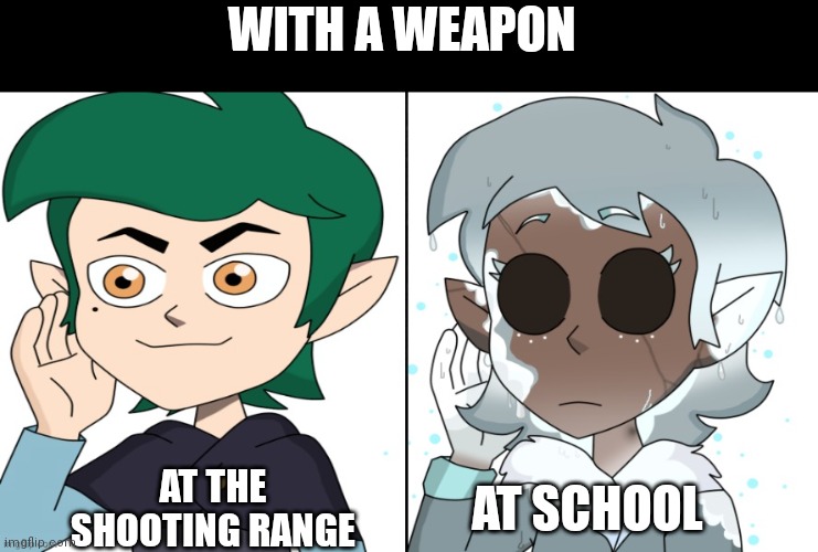 School | WITH A WEAPON; AT THE SHOOTING RANGE; AT SCHOOL | image tagged in traumatized edric blight | made w/ Imgflip meme maker