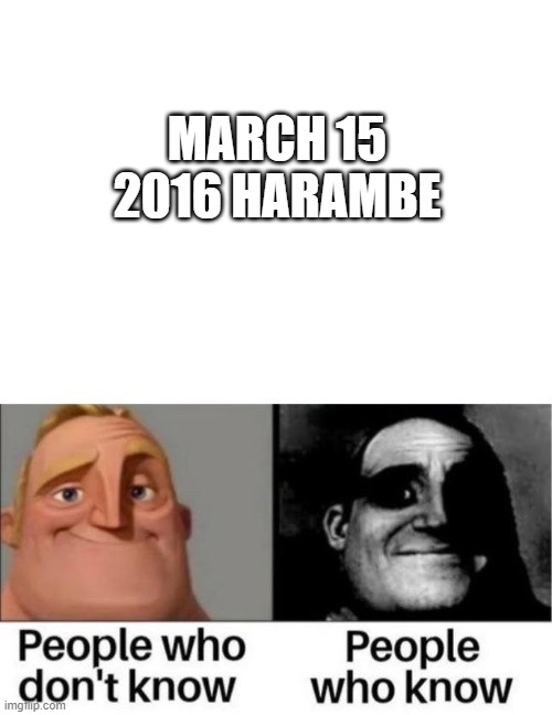 People who don't know People who know |  MARCH 15 2016 HARAMBE | image tagged in people who don't know people who know | made w/ Imgflip meme maker