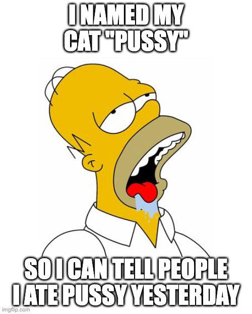 Homer Simpson Drooling | I NAMED MY CAT "PUSSY"; SO I CAN TELL PEOPLE I ATE PUSSY YESTERDAY | image tagged in homer simpson drooling | made w/ Imgflip meme maker