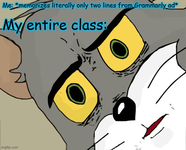 Unsettled Tom | Me: *memorizes literally only two lines from Grammarly ad*; My entire class: | image tagged in memes,unsettled tom | made w/ Imgflip meme maker