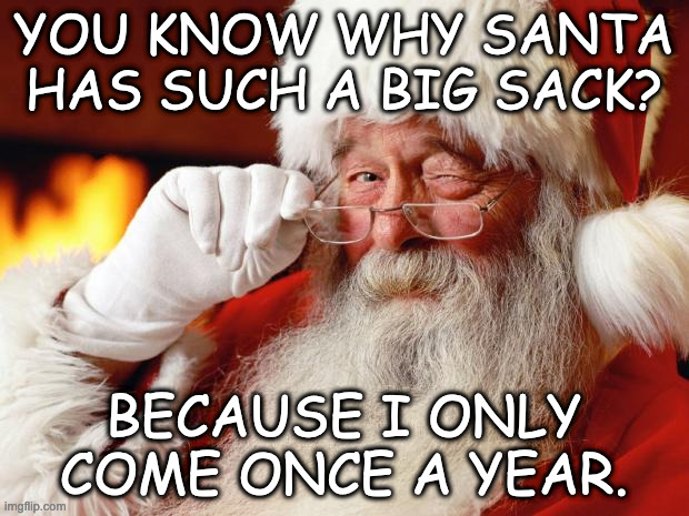 santa | YOU KNOW WHY SANTA HAS SUCH A BIG SACK? BECAUSE I ONLY COME ONCE A YEAR. | image tagged in santa | made w/ Imgflip meme maker