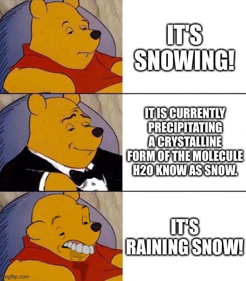 (Insert creative title here) |  IT'S SNOWING! IT IS CURRENTLY PRECIPITATING A CRYSTALLINE FORM OF THE MOLECULE H2O KNOW AS SNOW. IT'S RAINING SNOW! | image tagged in funny,memes,cats,gifs,political,christmas | made w/ Imgflip meme maker
