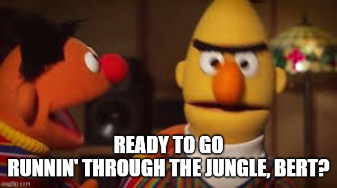 Bert and Ernie  | READY TO GO
RUNNIN' THROUGH THE JUNGLE, BERT? | image tagged in bert and ernie | made w/ Imgflip meme maker