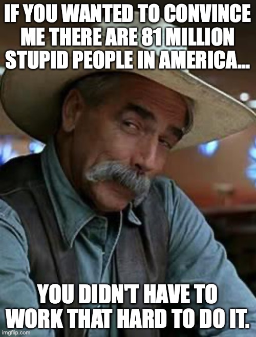 Sam Elliott | IF YOU WANTED TO CONVINCE ME THERE ARE 81 MILLION STUPID PEOPLE IN AMERICA... YOU DIDN'T HAVE TO WORK THAT HARD TO DO IT. | image tagged in sam elliott | made w/ Imgflip meme maker