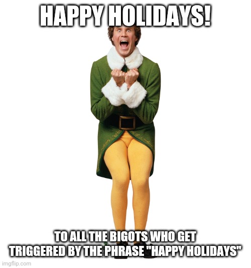 Christmas Elf | HAPPY HOLIDAYS! TO ALL THE BIGOTS WHO GET TRIGGERED BY THE PHRASE "HAPPY HOLIDAYS" | image tagged in christmas elf,happy holidays | made w/ Imgflip meme maker