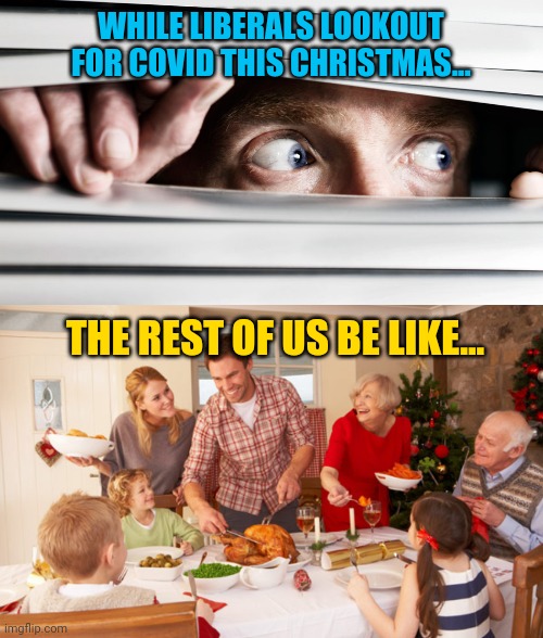 Still scared of a nearly 100% survivable virus. | WHILE LIBERALS LOOKOUT FOR COVID THIS CHRISTMAS... THE REST OF US BE LIKE... | image tagged in hiding,christmas dinner | made w/ Imgflip meme maker
