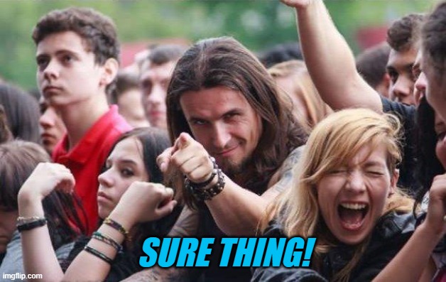 Ridiculously Photogenic Metalhead | SURE THING! | image tagged in ridiculously photogenic metalhead | made w/ Imgflip meme maker