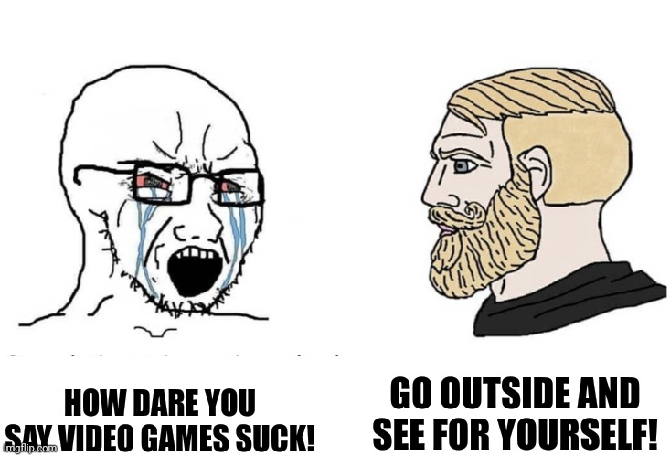 Soyboy Vs Yes Chad | GO OUTSIDE AND SEE FOR YOURSELF! HOW DARE YOU SAY VIDEO GAMES SUCK! | image tagged in soyboy vs yes chad,memes | made w/ Imgflip meme maker