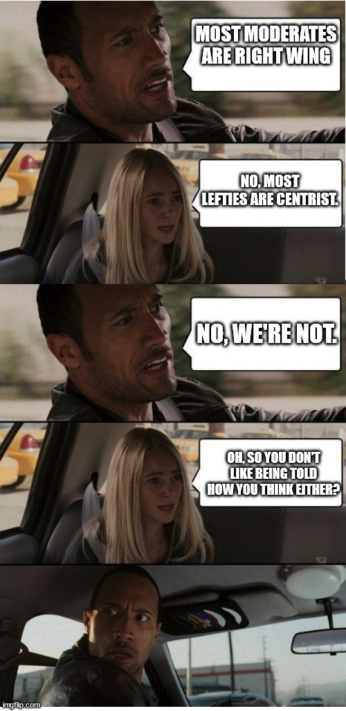 The Rock Conversation | MOST MODERATES ARE RIGHT WING; NO, MOST LEFTIES ARE CENTRIST. NO, WE'RE NOT. OH, SO YOU DON'T LIKE BEING TOLD HOW YOU THINK EITHER? | image tagged in the rock conversation | made w/ Imgflip meme maker