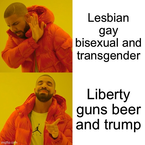 Drake Hotline Bling Meme | Lesbian gay bisexual and transgender Liberty guns beer and trump | image tagged in memes,drake hotline bling | made w/ Imgflip meme maker