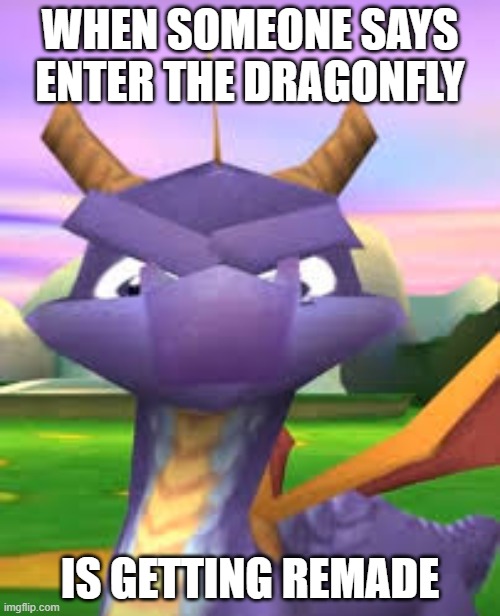 Spyro Death Stare ETD | WHEN SOMEONE SAYS ENTER THE DRAGONFLY; IS GETTING REMADE | image tagged in spyro death stare | made w/ Imgflip meme maker