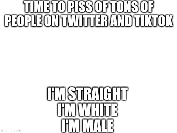 Send the link to this meme to Twitter and tiktokers. Let's see what happenes | TIME TO PISS OF TONS OF PEOPLE ON TWITTER AND TIKTOK; I'M STRAIGHT
I'M WHITE
I'M MALE | image tagged in blank white template | made w/ Imgflip meme maker