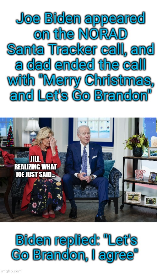 Joe Biden has made the ultimate gaffe... Video here: https://youtu.be/ap7omIvifJc |  Joe Biden appeared on the NORAD Santa Tracker call, and a dad ended the call with "Merry Christmas, and Let's Go Brandon"; JILL, REALIZING WHAT JOE JUST SAID... Biden replied: "Let's Go Brandon, I agree" | image tagged in let's go brandon,f joe biden,lgbfjb,merry christmas,biden,biden gaffe | made w/ Imgflip meme maker