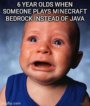 I wonder what is wrong with Bedrock | 6 YEAR OLDS WHEN SOMEONE PLAYS MINECRAFT BEDROCK INSTEAD OF JAVA | image tagged in crying baby | made w/ Imgflip meme maker