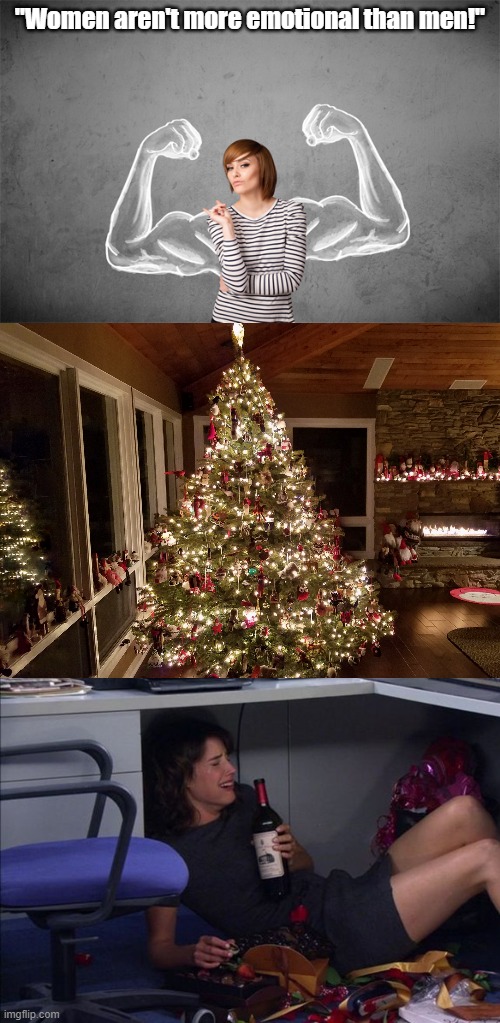 Women at Christmas | "Women aren't more emotional than men!" | image tagged in women,christmas | made w/ Imgflip meme maker